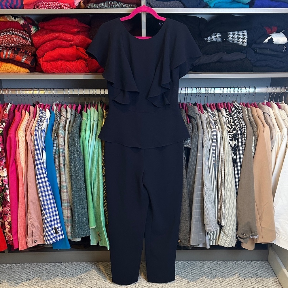 Antonio Melani navy flutter sleeve back zipper closure jumpsuit size 4